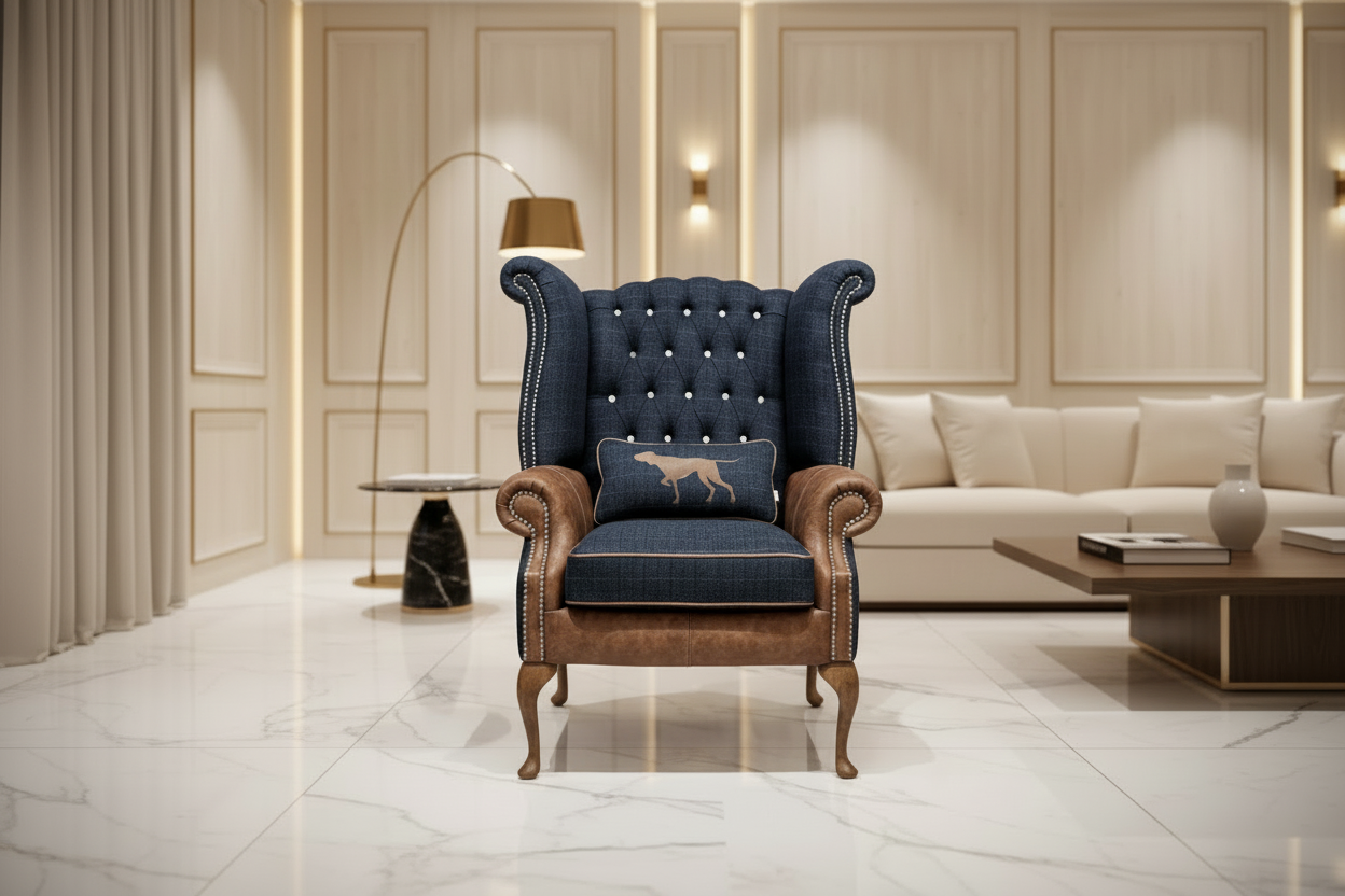 Decorative armchair with tufted backrest and brown leather seat on a white background