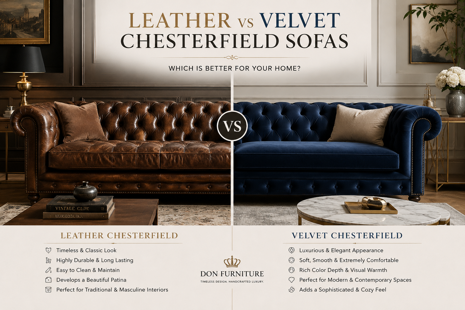 Luxury comparison between leather Chesterfield sofa and a velvet Chesterfield sofa in an elegant European living room interior, showcasing timeless craftsmanship, premium upholstery textures, and modern luxury furniture styling by Don Furniture.