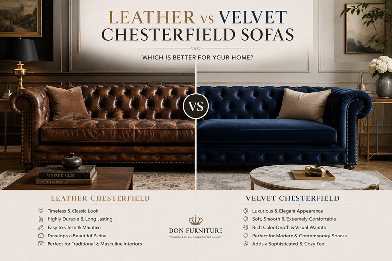 Luxury comparison between leather Chesterfield sofa and a velvet Chesterfield sofa in an elegant European living room interior, showcasing timeless craftsmanship, premium upholstery textures, and modern luxury furniture styling by Don Furniture.