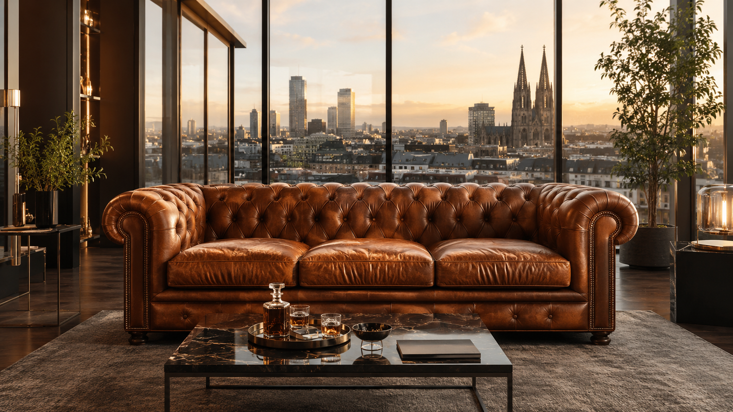 Premium Chesterfield sofa crafted in rich cognac leather, showcased in a sophisticated German penthouse with floor-to-ceiling windows, marble accents, hardwood flooring, and stunning city views, representing timeless luxury furniture design