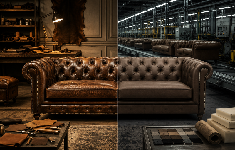 Handmade leather Chesterfield sofa in a luxury European living room