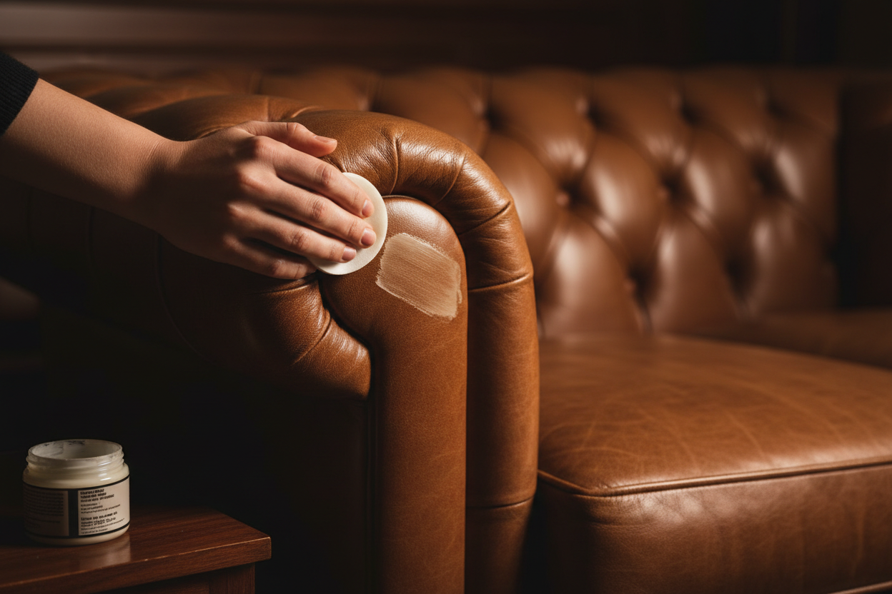 Hand-conditioning a luxury cognac leather Chesterfield sofa