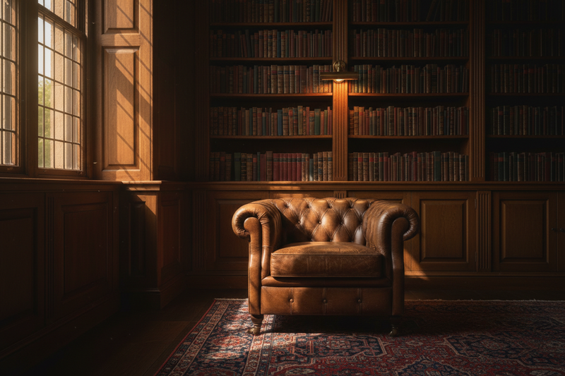 Cognac leather Chesterfield sofa in a luxury library setting