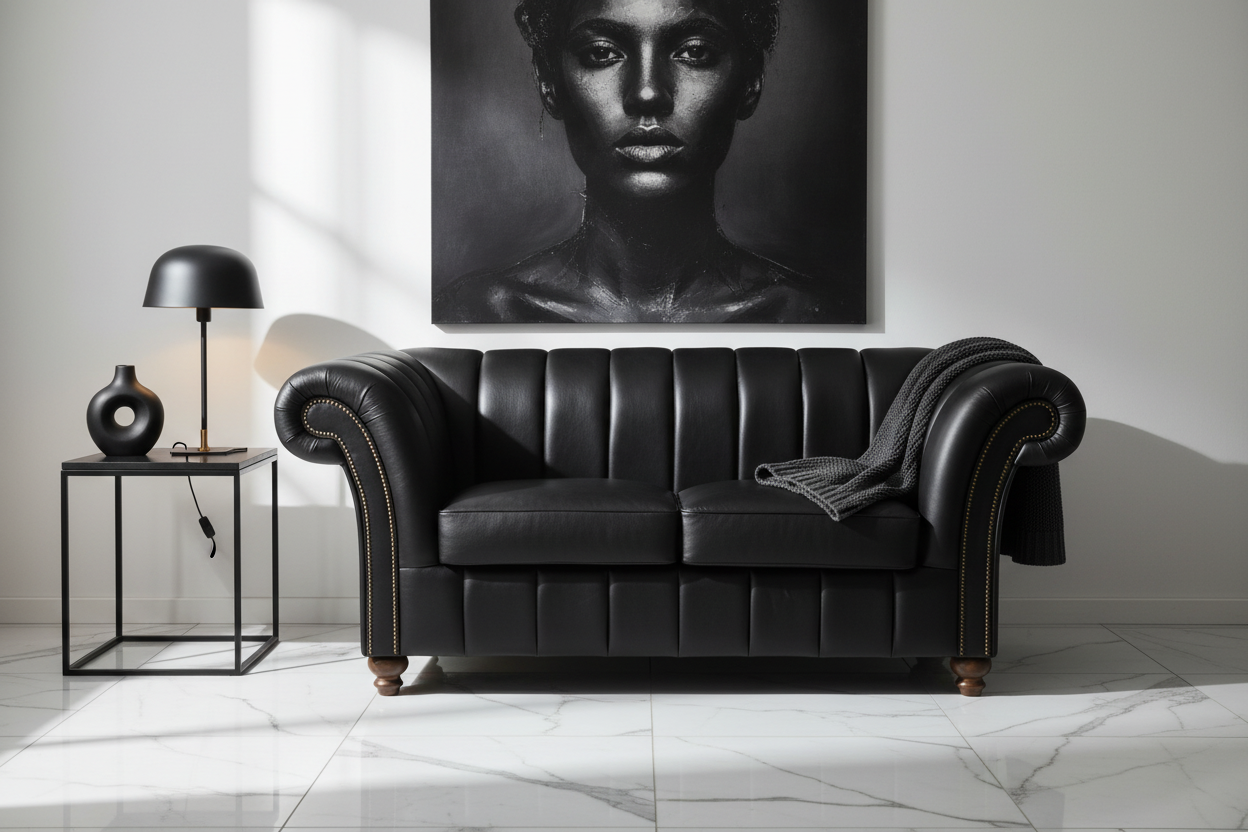 Black leather sofa in a room with a large portrait of a woman on the wall.