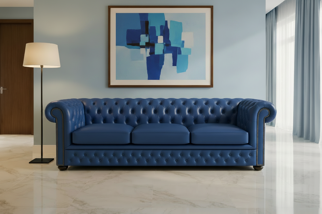 Blue sofa in a room with a lamp and abstract painting on the wall.
