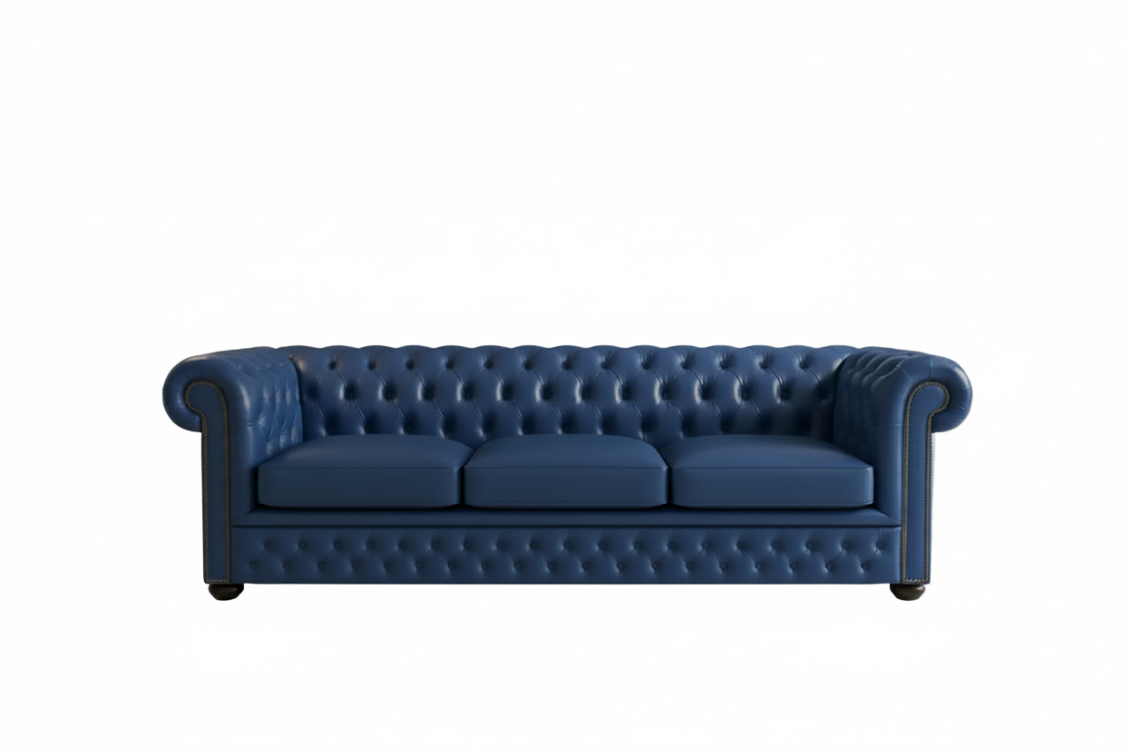 Blue tufted sofa with a standing lamp on a white background