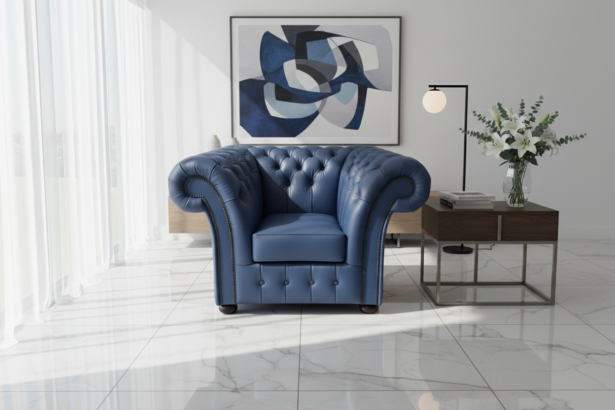 Blue armchair in a modern living room with abstract art and a side table.