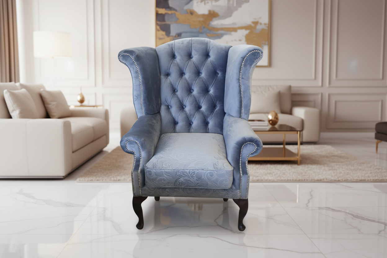 Blue tufted armchair in a stylish living room setting