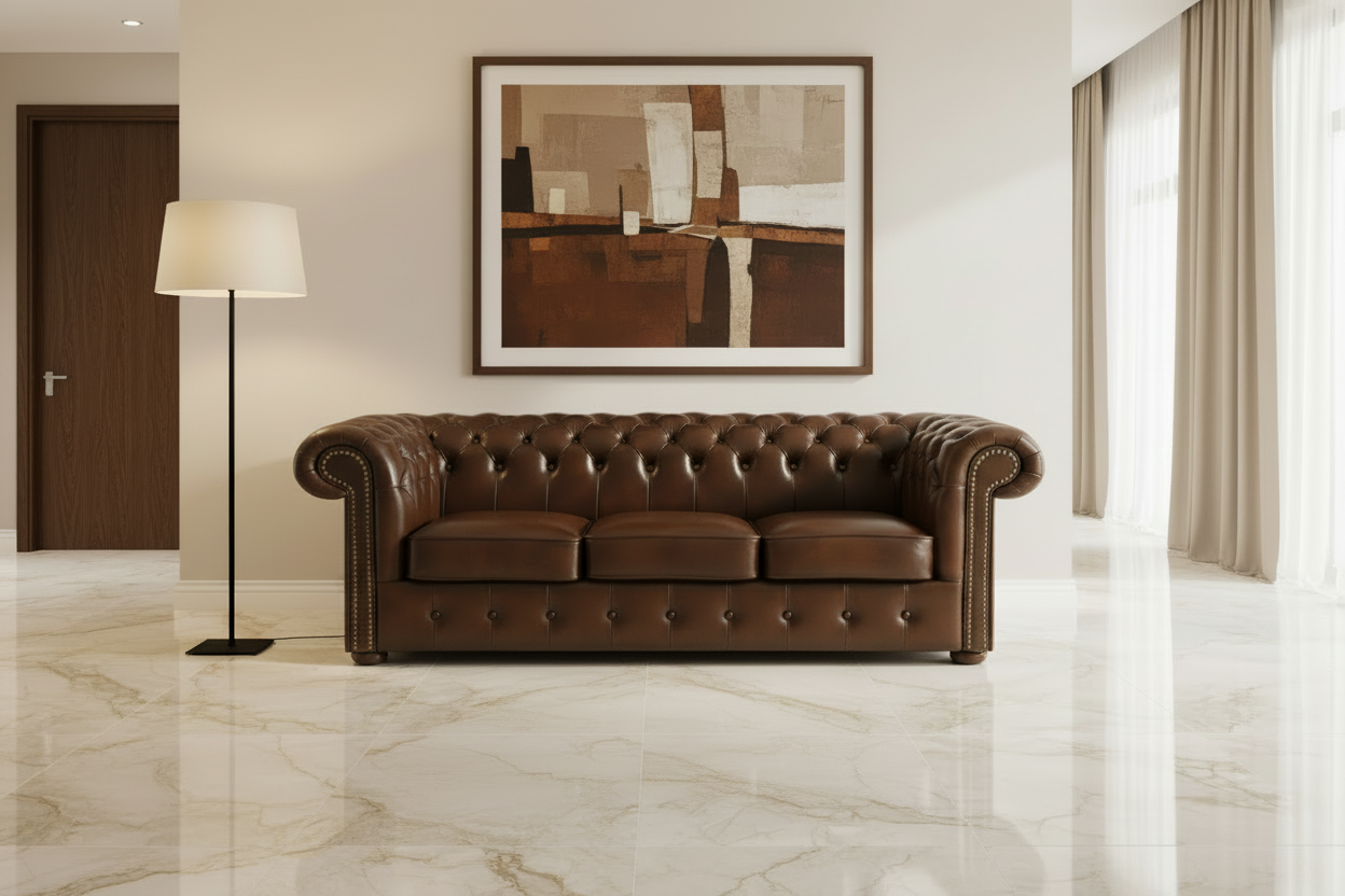 Brown leather sofa in a modern living room with abstract art on the wall.