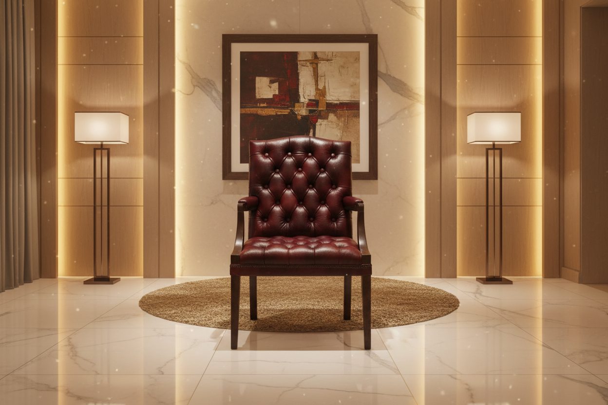 Brown leather armchair with tufted backrest on a white background