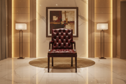 Brown leather armchair with tufted backrest on a white background
