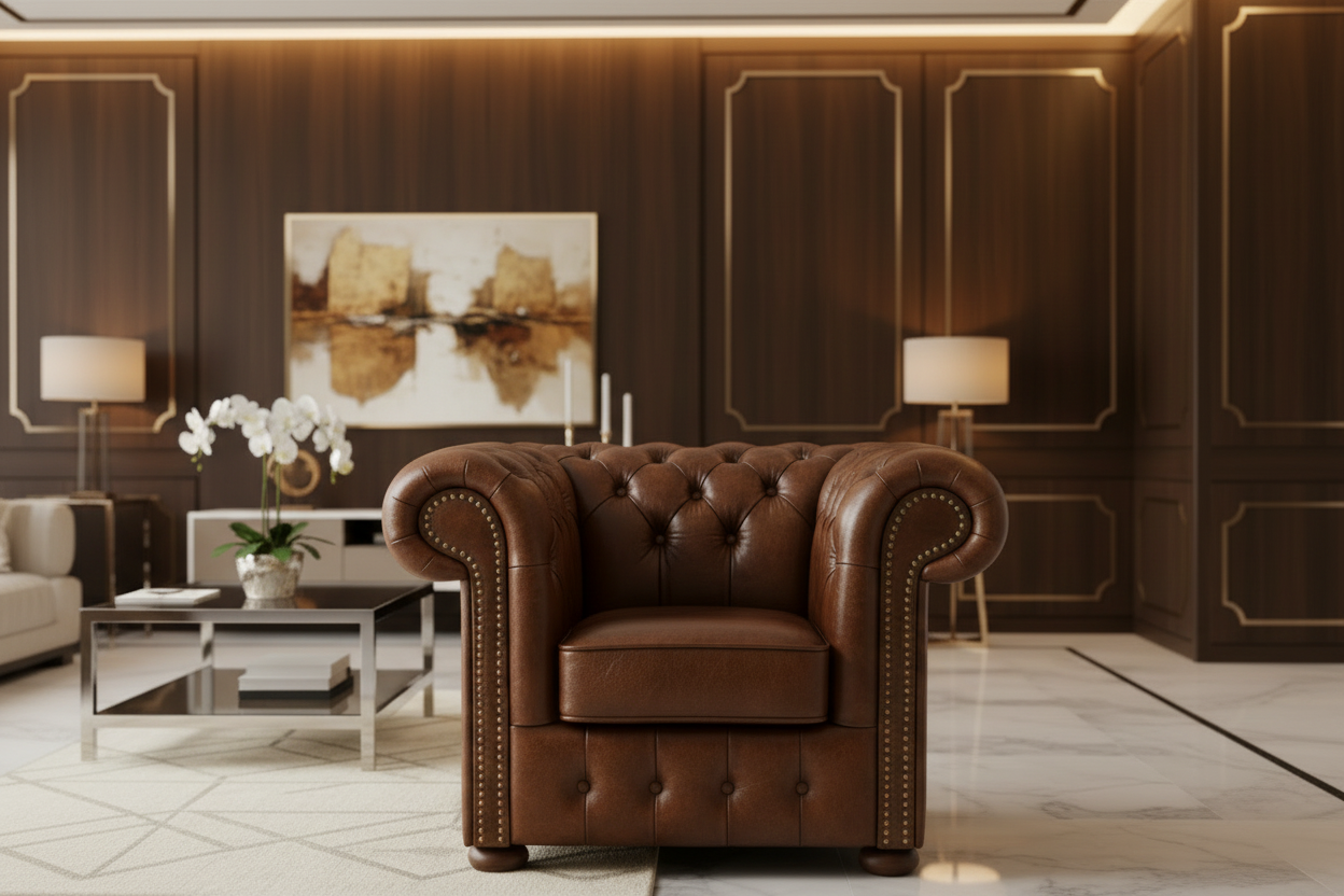 Brown leather armchair in a stylish living room with decor elements.