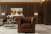 Brown leather armchair in a stylish living room with decor elements.