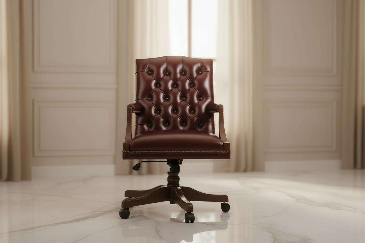 Brown leather office chair with wooden base on a white background