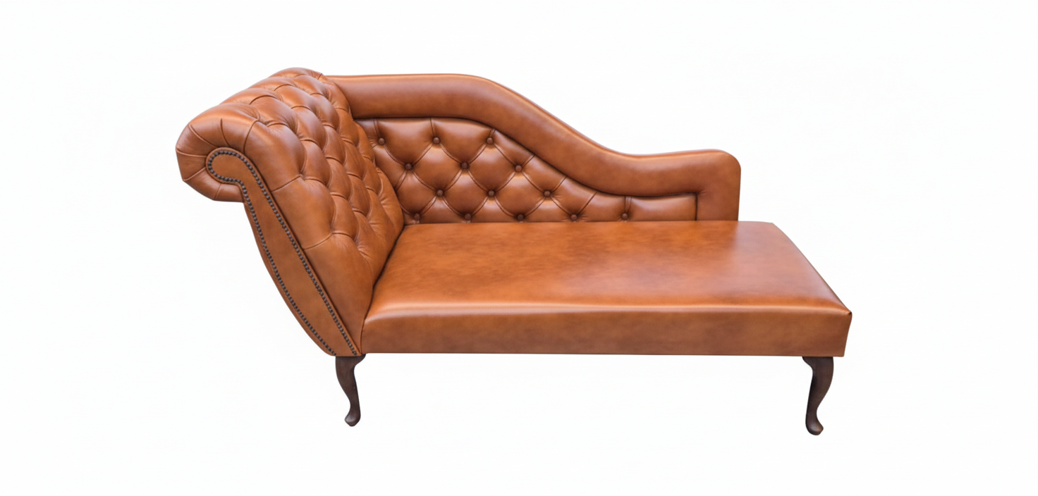 Brown leather sofa with tufted backrest on a white background
