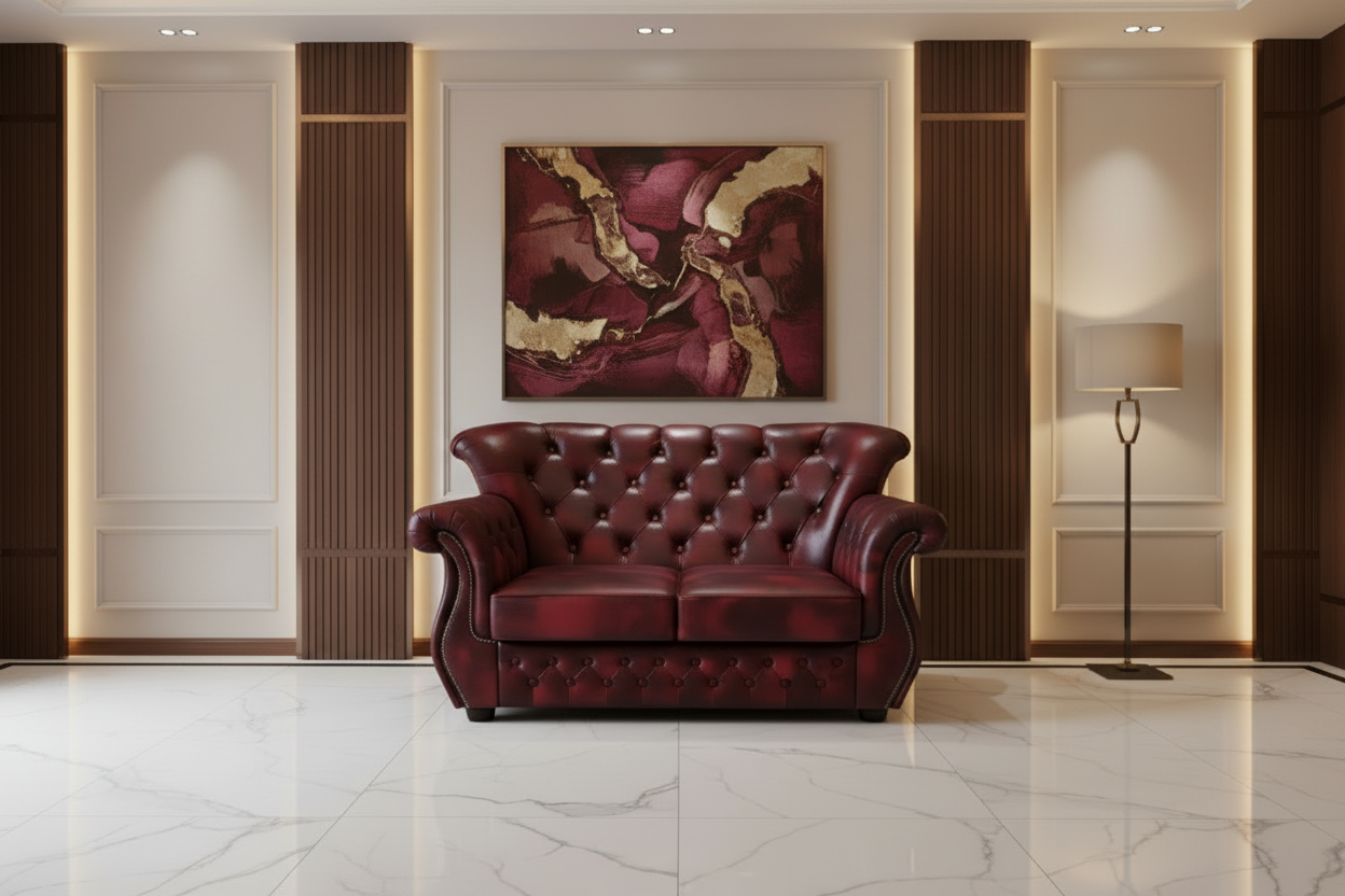 Luxurious red leather sofa in a stylish room with marble floor and abstract art on the wall.
