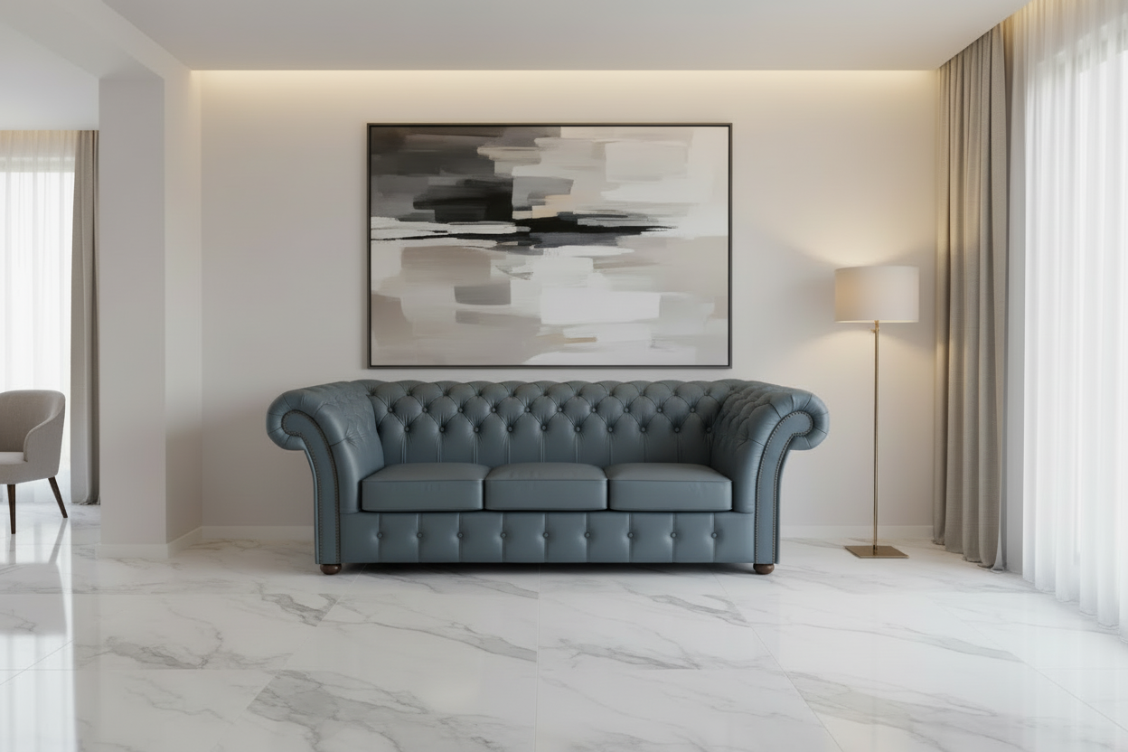 Modern living room with a gray sofa, abstract painting, and floor lamp.