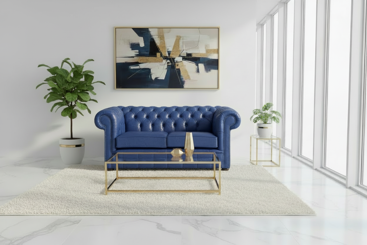 Modern living room with a blue sofa, gold coffee table, and abstract art on the wall.