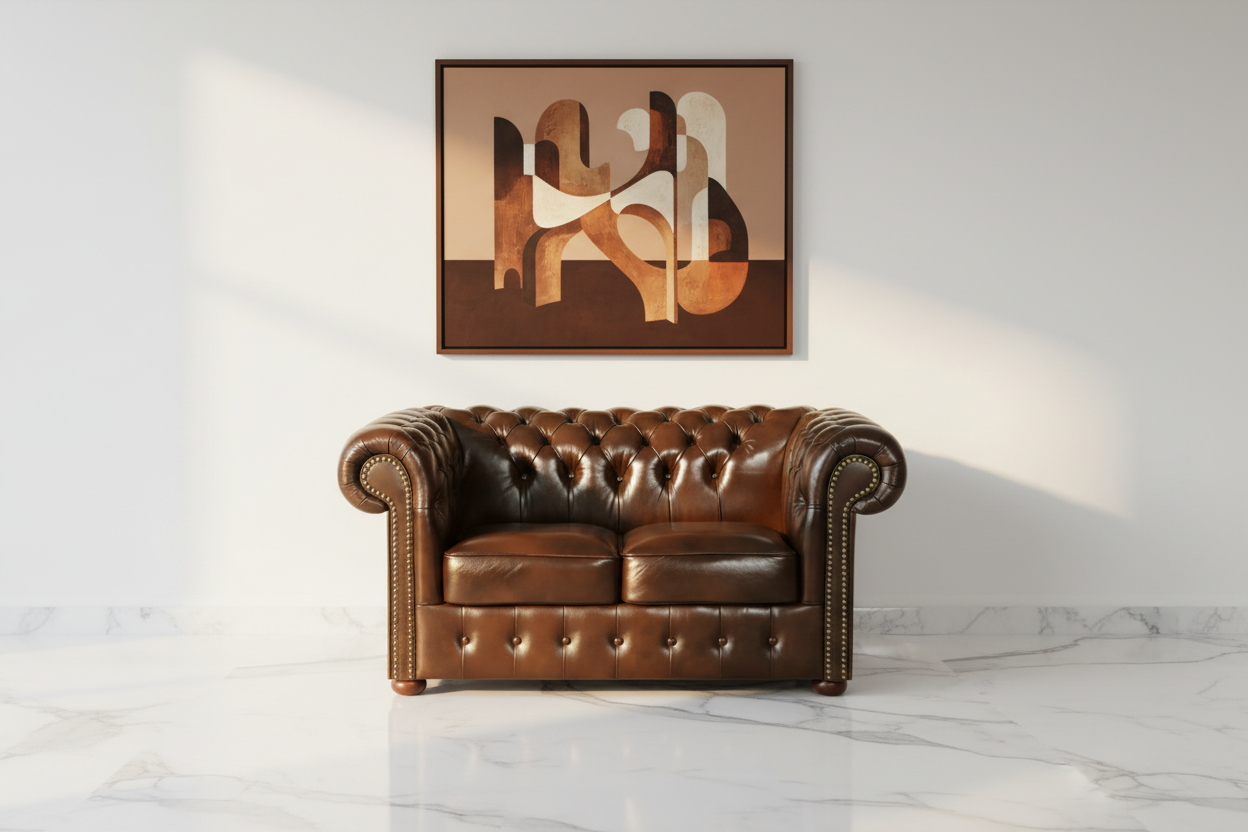 Brown leather sofa in a room with abstract art on the wall.