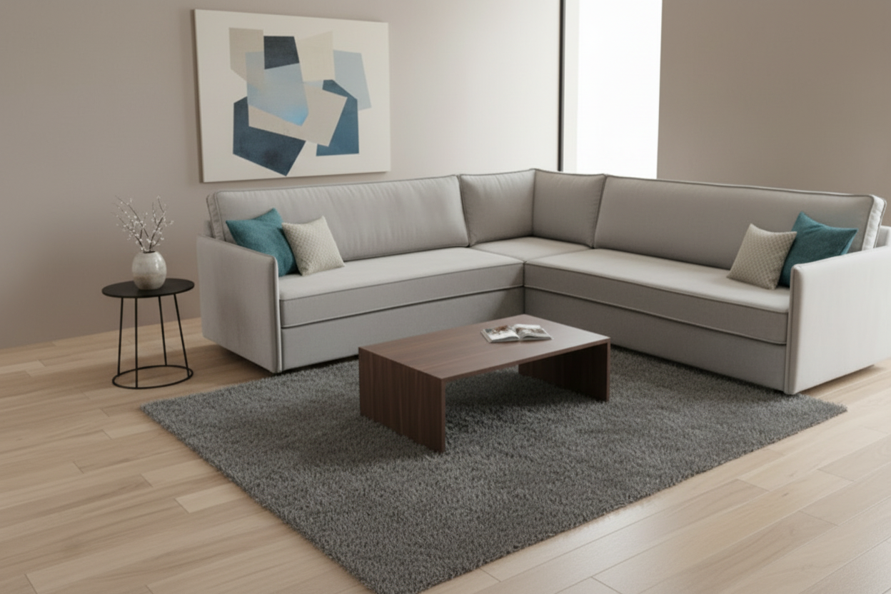 Gray sectional sofa in a living room with a coffee table and decorative items.