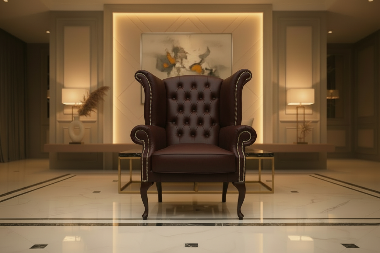 Dark Brown leather armchair in a stylish room with decorative elements.