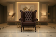 Dark Brown leather armchair in a stylish room with decorative elements.