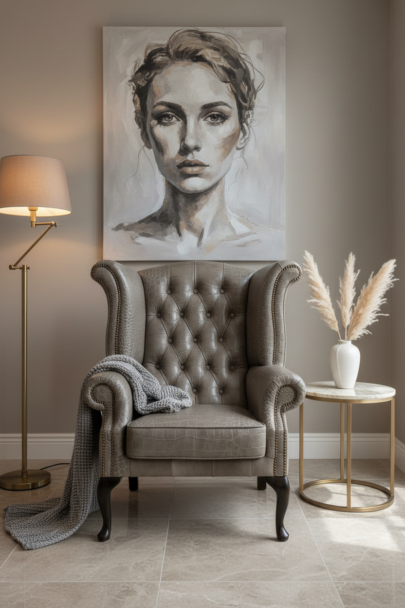 Grauer Sessel mit Krokodilprägung | Chesterfield-Sessel aus Kunstleder mit Rautensteppung