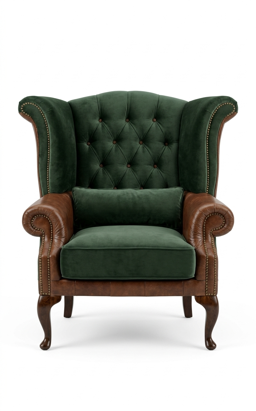 Green armchair with brown leather accents on a white background
