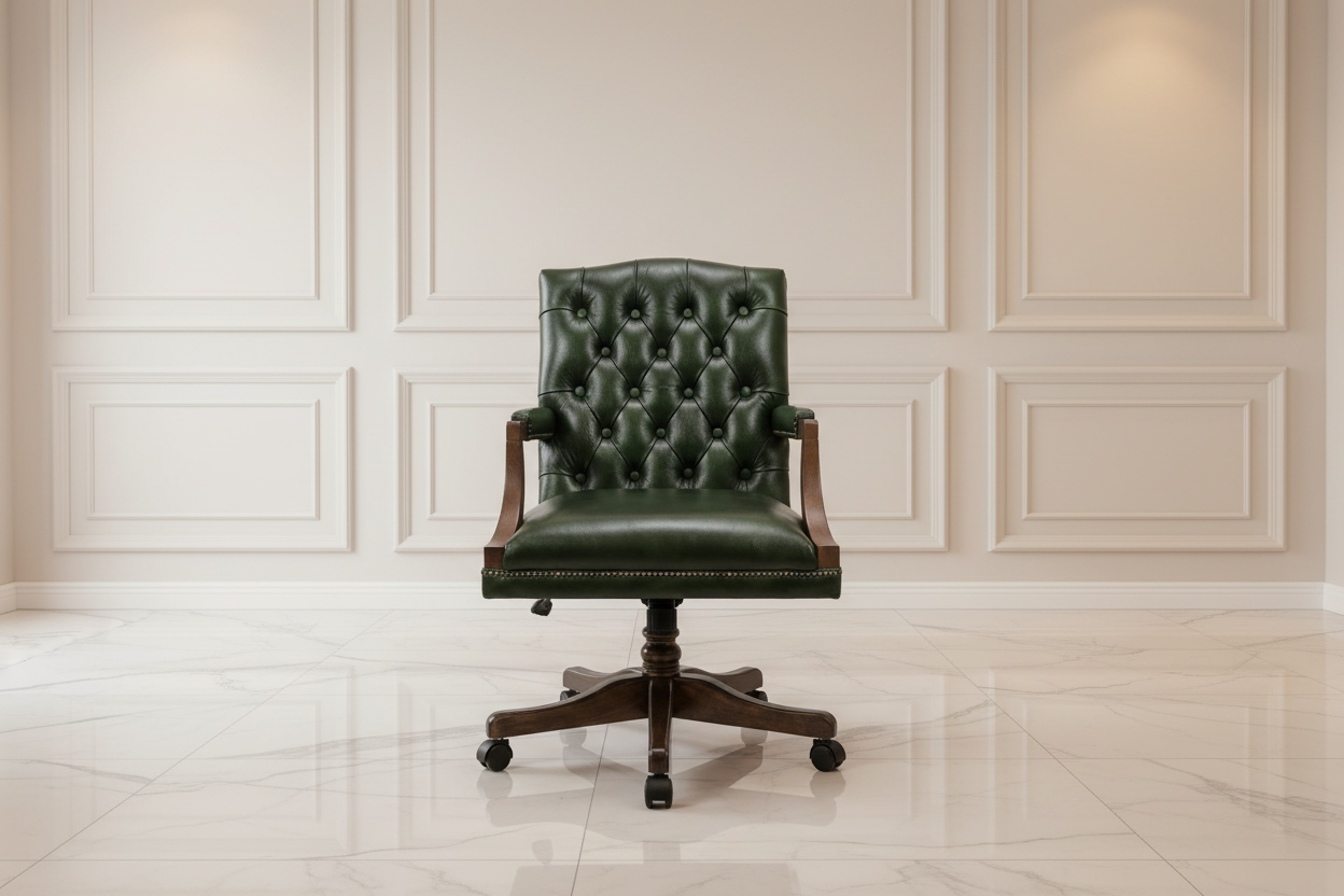 Green leather office chair with wooden arms and base on a white background