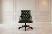 Green leather office chair with wooden arms and base on a white background