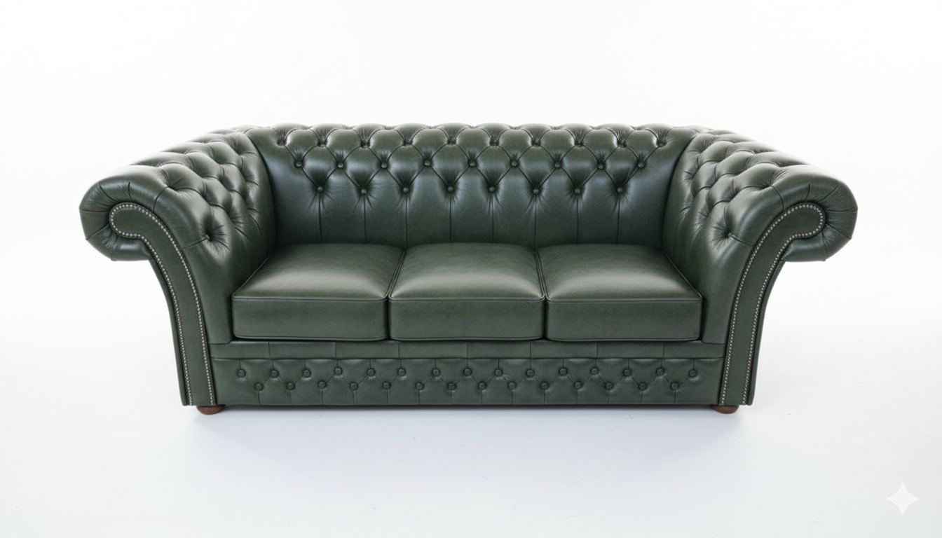 Green leather sofa with tufted backrest on a white background