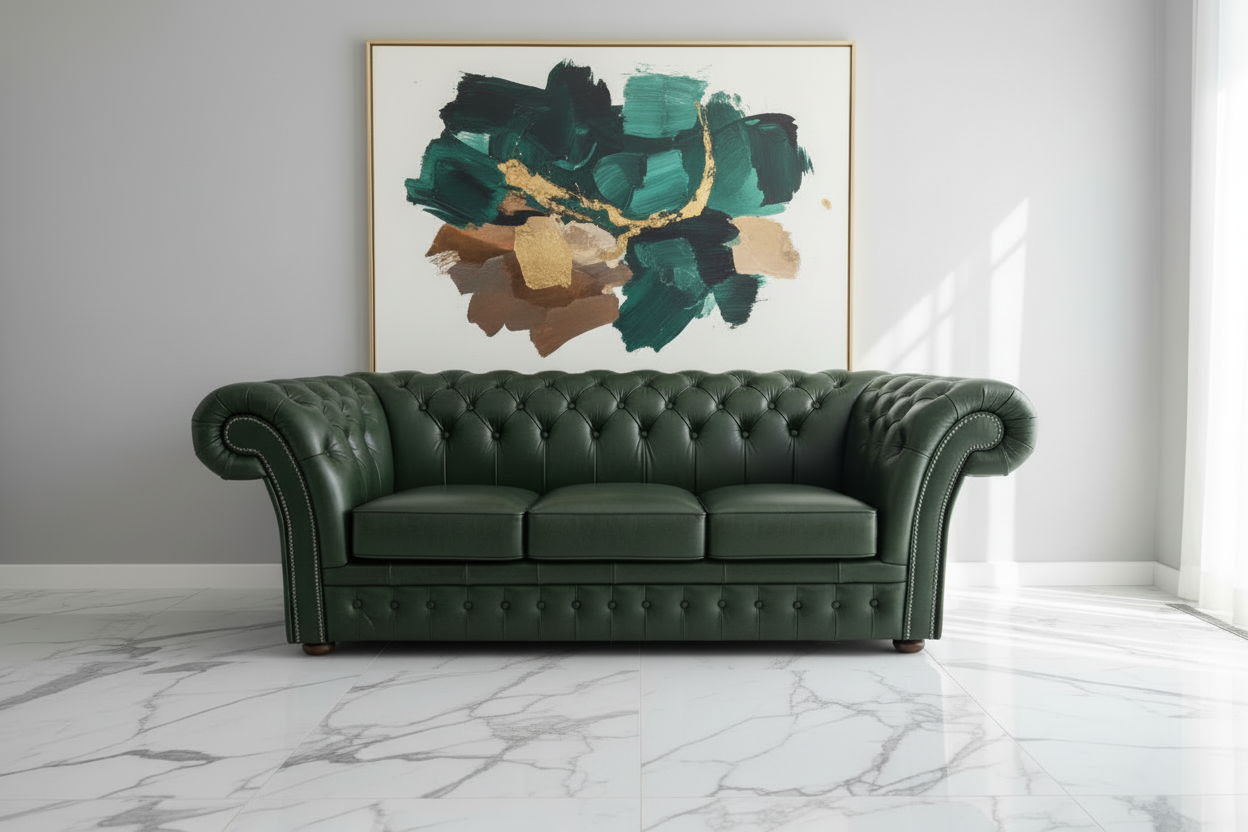 Grünes klassisches Chesterfield 3-Sitzer Sofa | Tief geknöpftes Leder mit Nagelverzierung