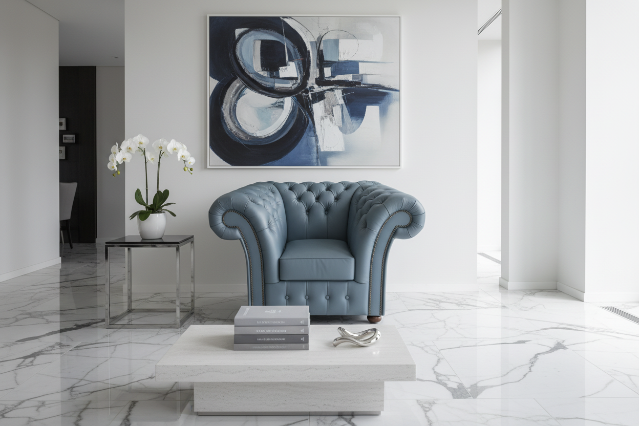 Grey armchair in a modern living room with abstract art on the wall.