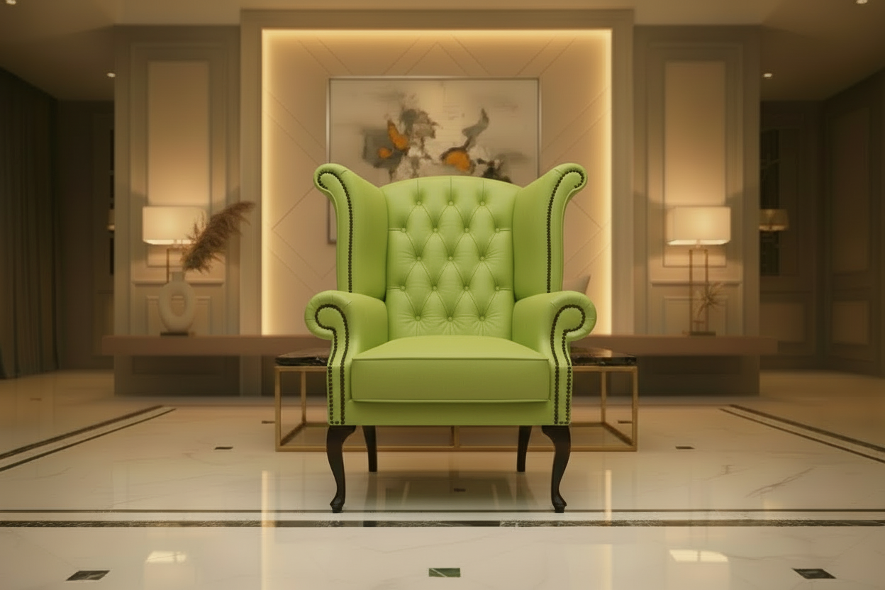 Lime green armchair in a luxurious room with marble floor and wall art