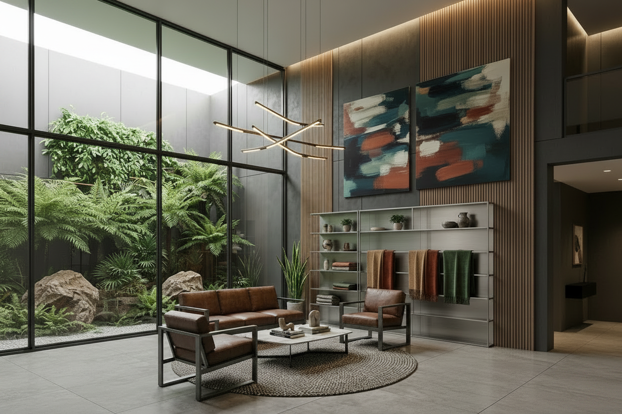 Modern living room with brown leather furniture, a coffee table, and decorative elements.