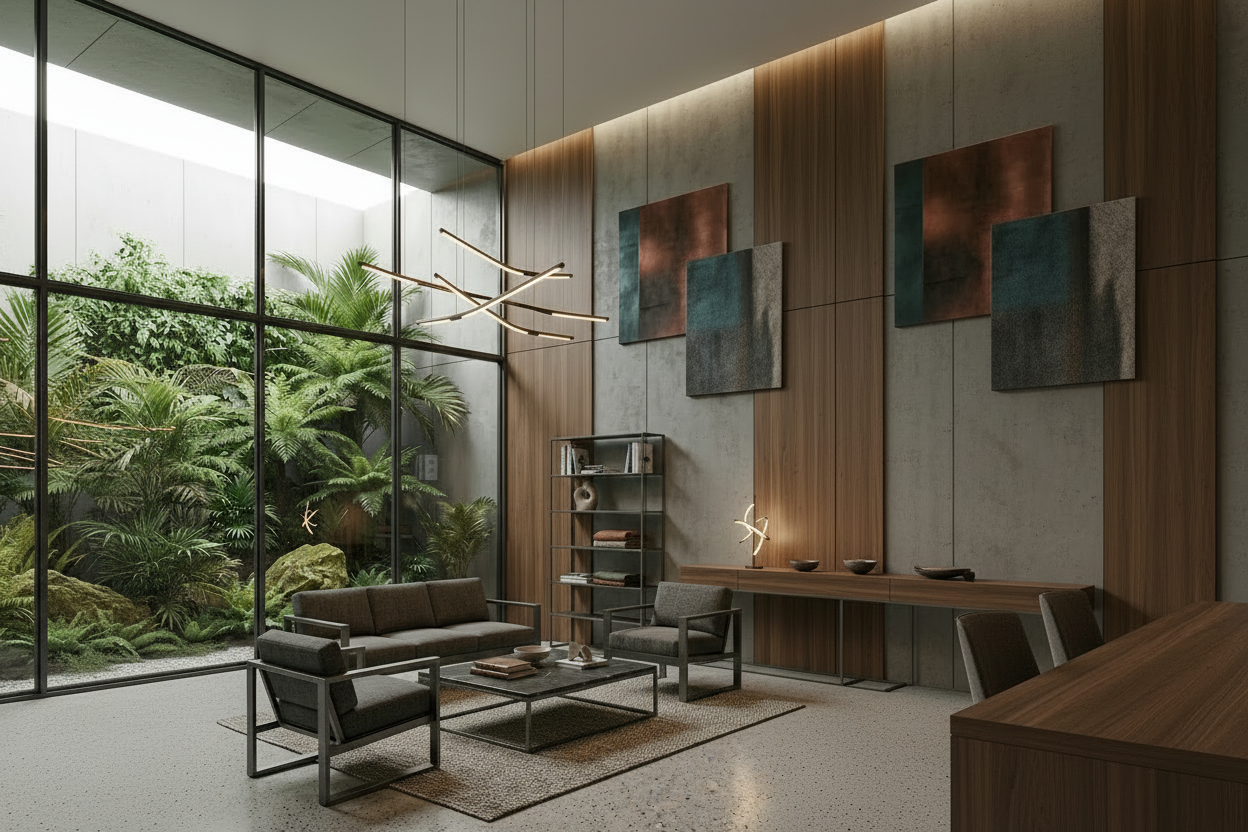 Modern living room with a large window, sofa, chairs, and decorative elements.