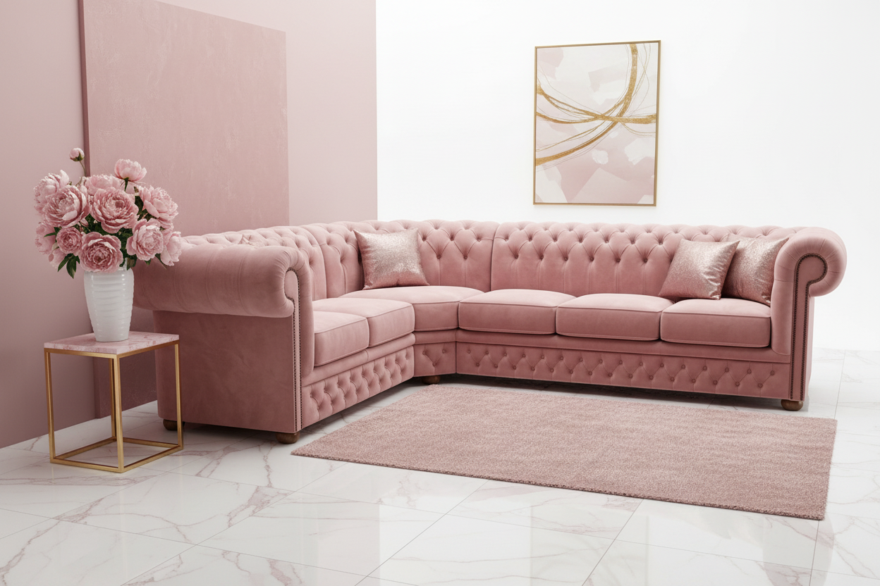 Luxuriöses Chesterfield Ecksofa in Rouge Rosa | Samt-Ecksofa