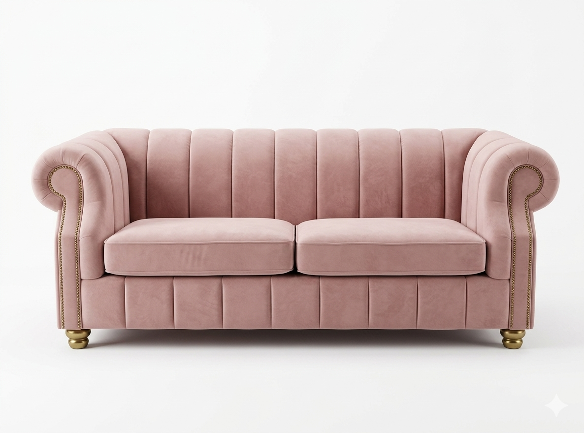 Pink velvet sofa on a white background