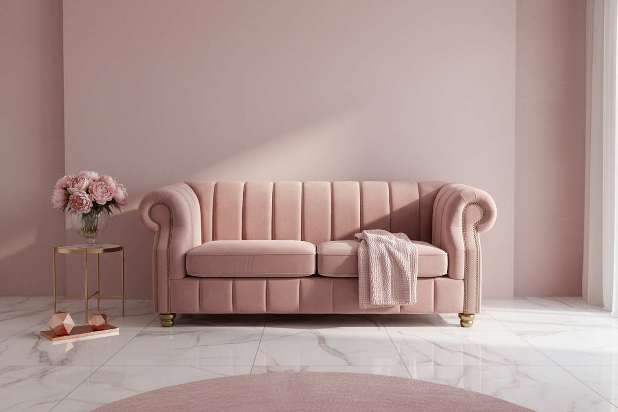 Pink sofa in a room with a pink wall and marble floor.