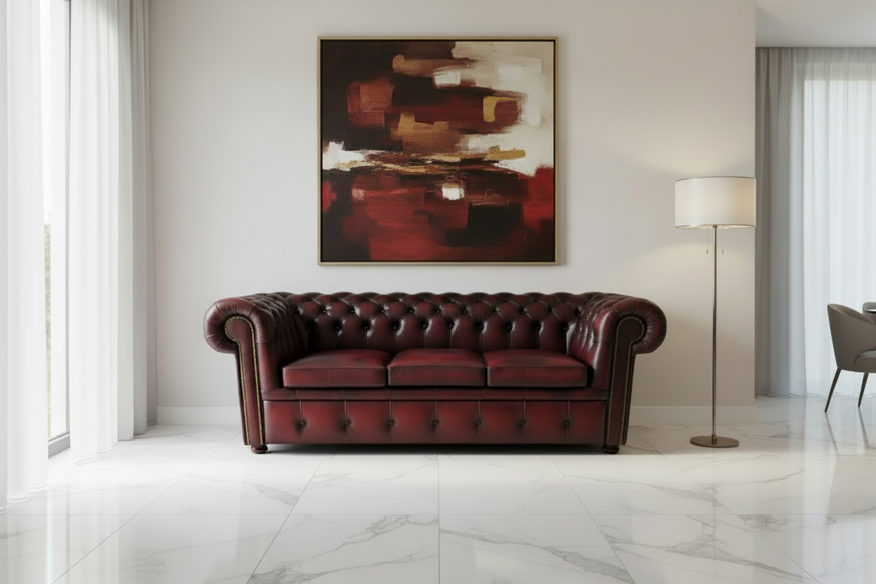 Red leather sofa in a modern living room with abstract art on the wall.