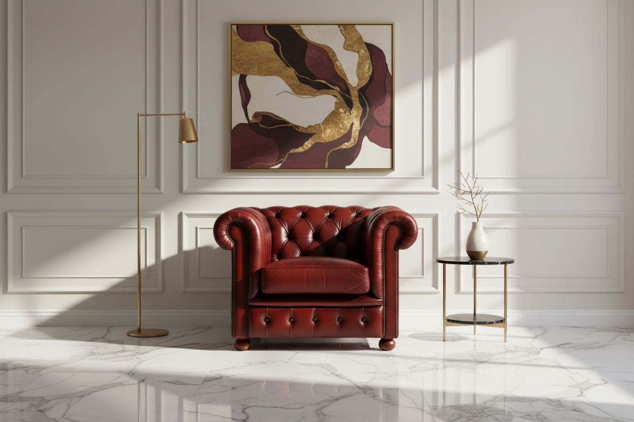 Red leather armchair in a stylish room with abstract art and marble floor.