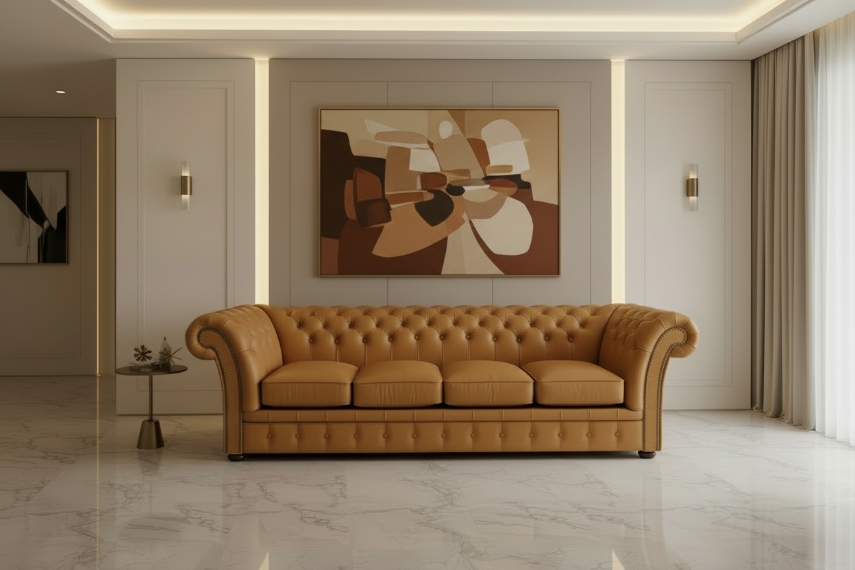Brown leather sofa with tufted backrest on a white background