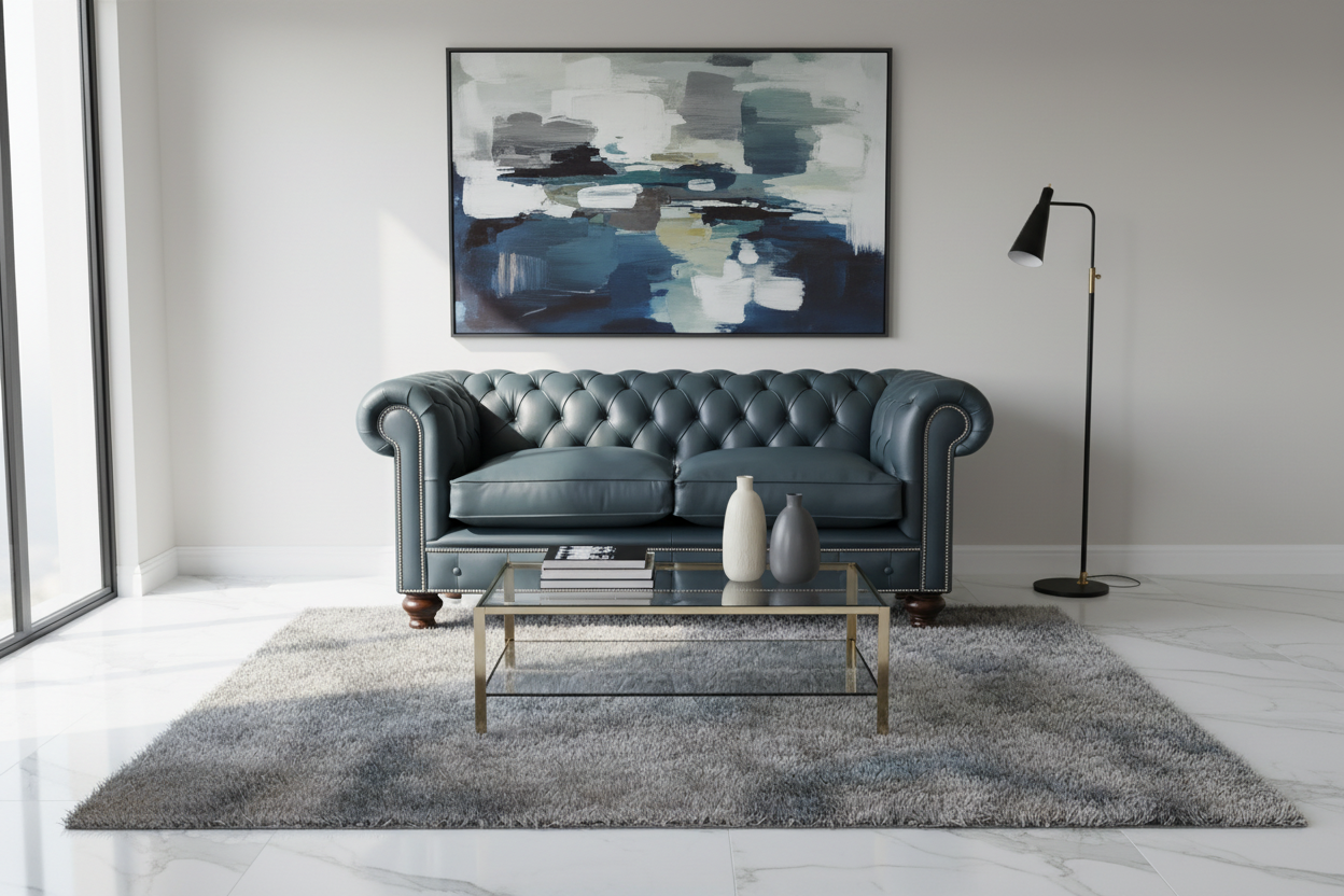 Modern living room with a gray sofa, coffee table, and abstract painting.