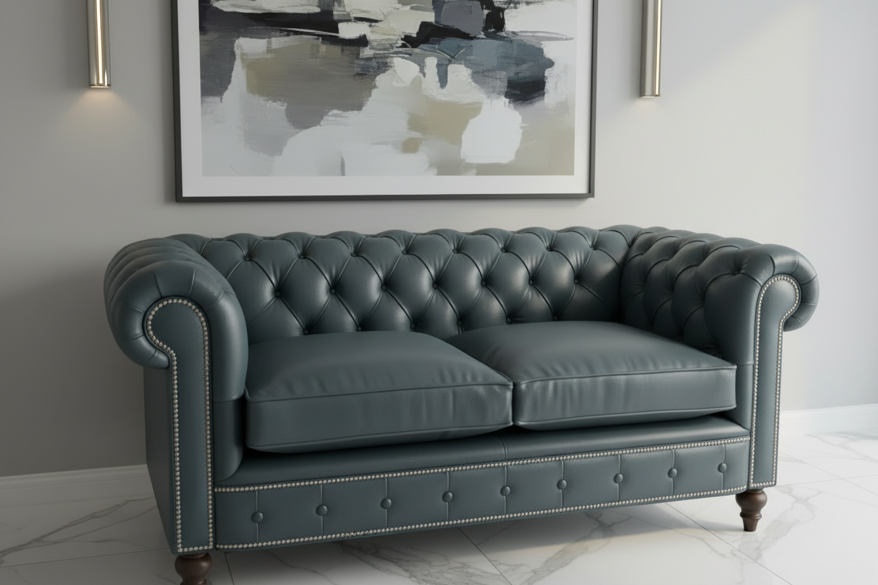 Graues Chesterfield 2-Sitzer Sofa | Zweisitzer mit Knopfheftung