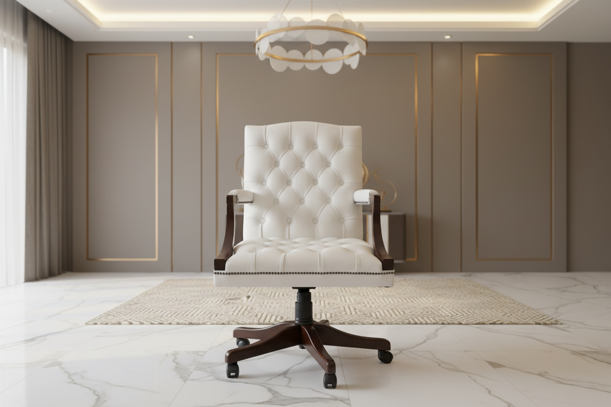 Decorative armchair in a stylish room with neutral colors and a chandelier.