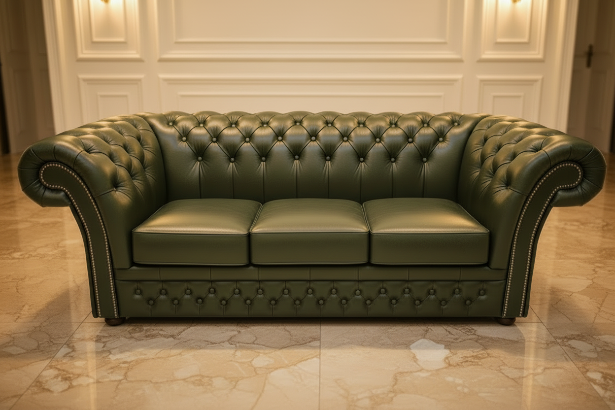 Green leather sofa with tufted backrest on a white background
